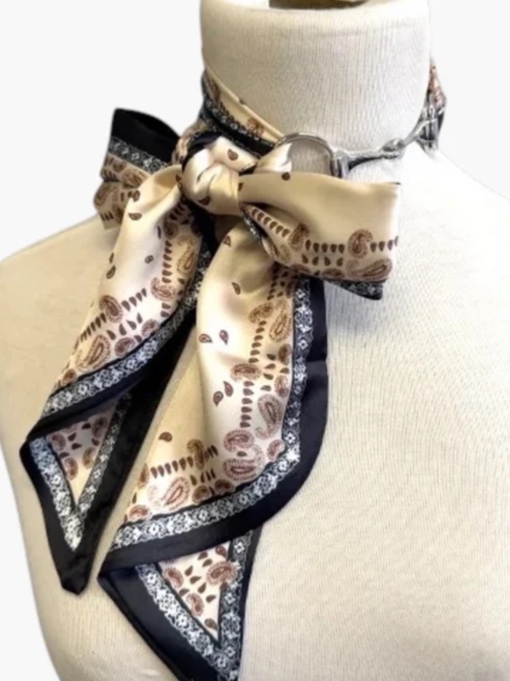Silk Paisley Neck Scarf Band in Cream and Black